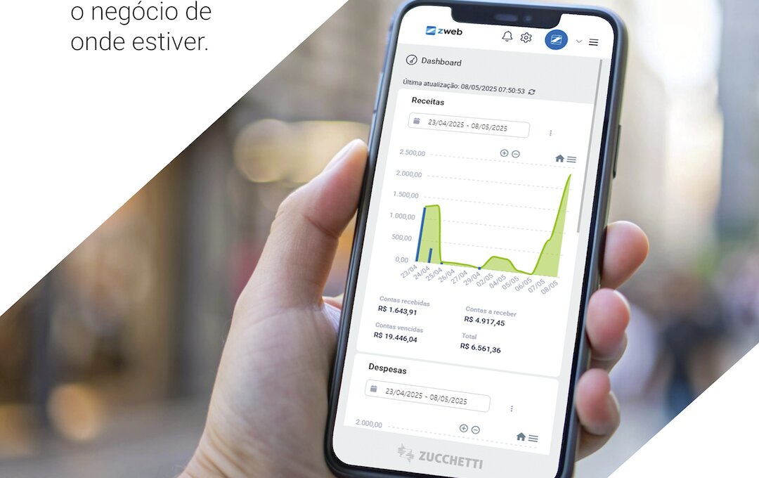 Dashboard do ZWeb aberto em um celular, mostrando receitas e despesas